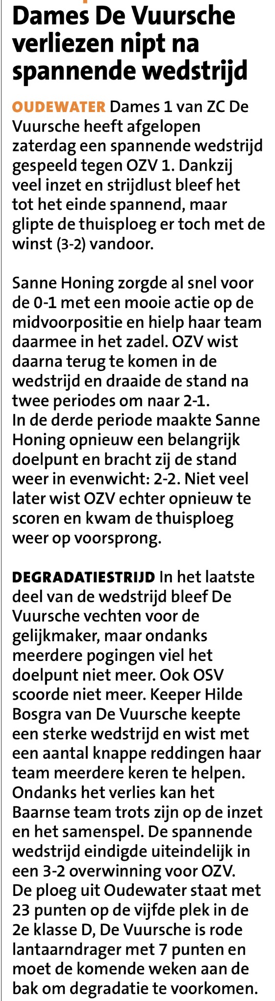 Dames De Vuursche verliezen nipt na spannende wedstrijd