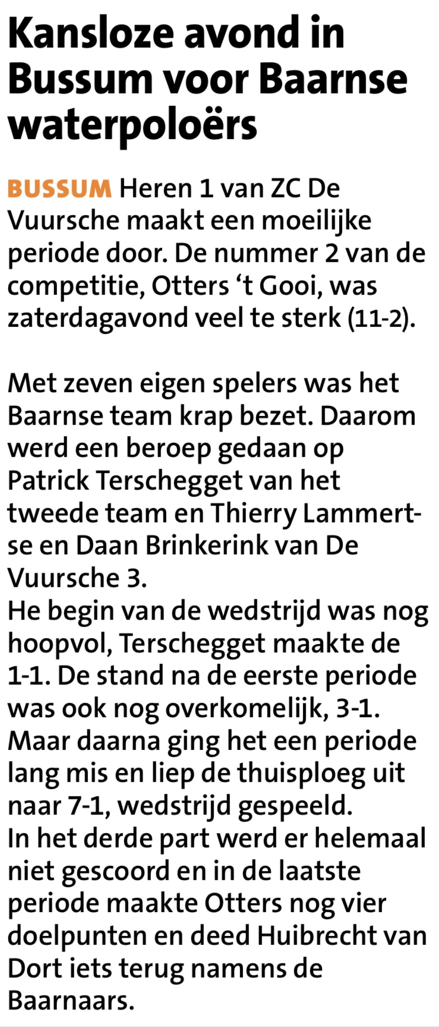 Kansloze avond in Bussum voor Baarnse waterpoloërs